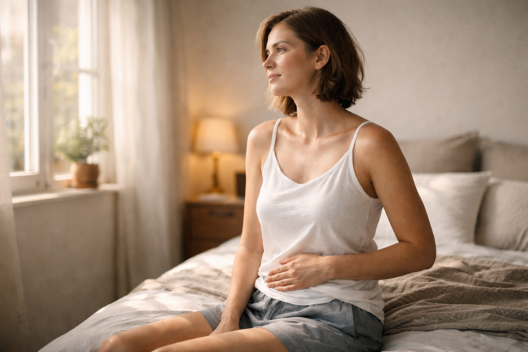 Frau sitzt auf einem Bett und hält sanft ihre Hand auf den Bauch