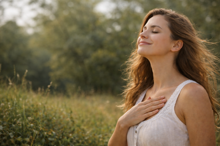 Frau hält inne für einen Moment der Achtsamkeit in der Natur, die Hand sanft auf das Herz gelegt
